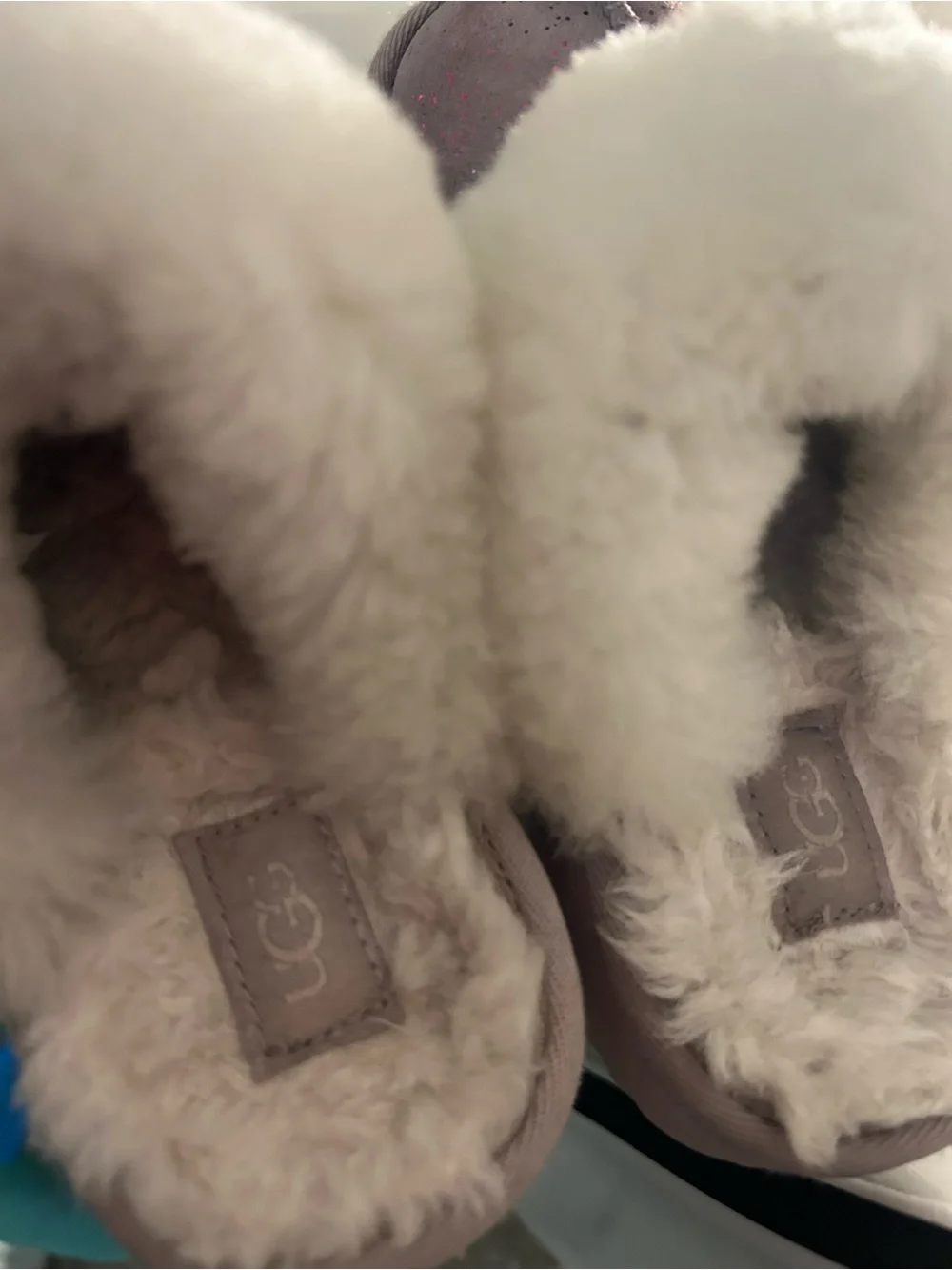 UGG Kids Glitter Suede Slippers with White Faux Fur Cuff